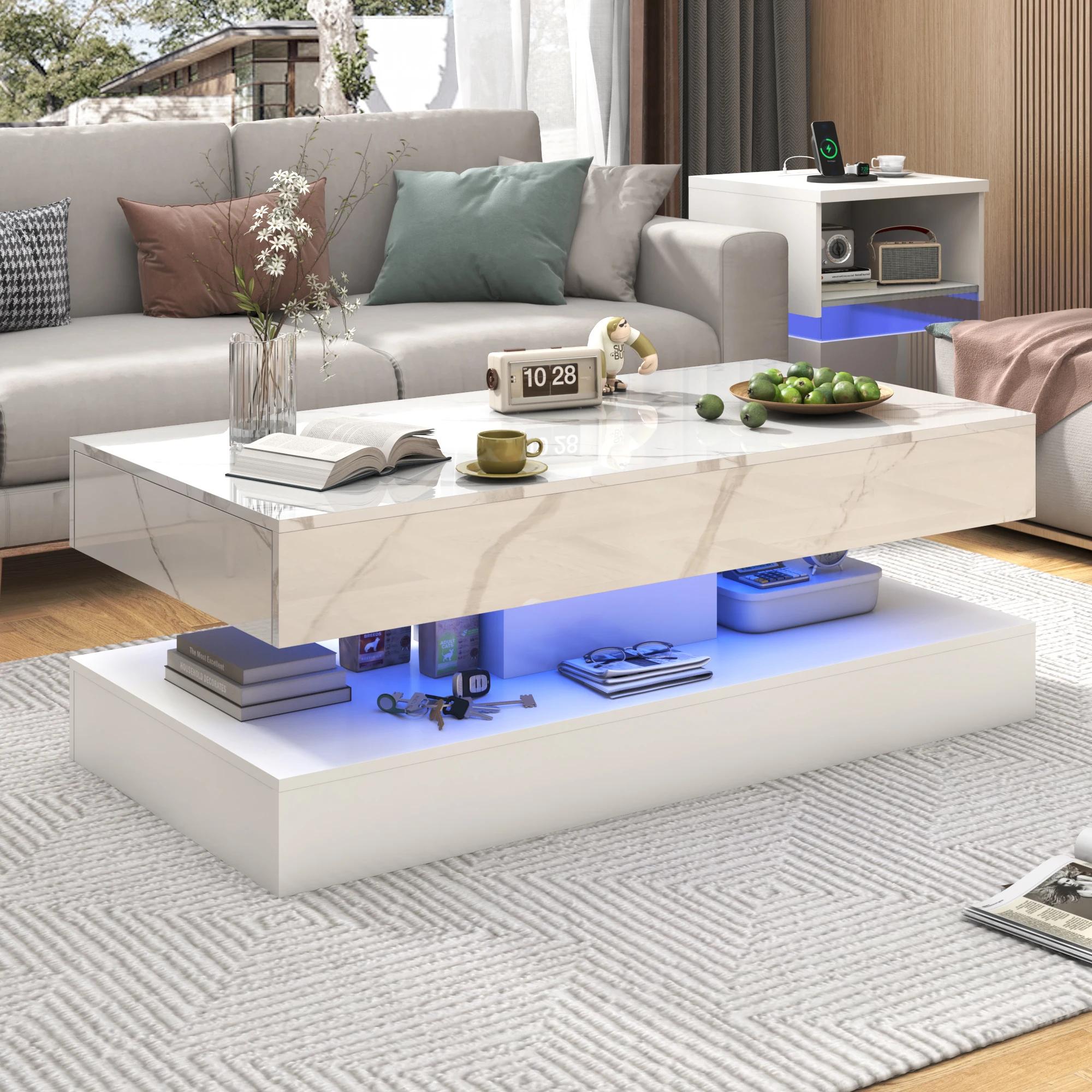 Table basse moderne avec lumières LED, table basse avec 2 rangements, design double couche, salon