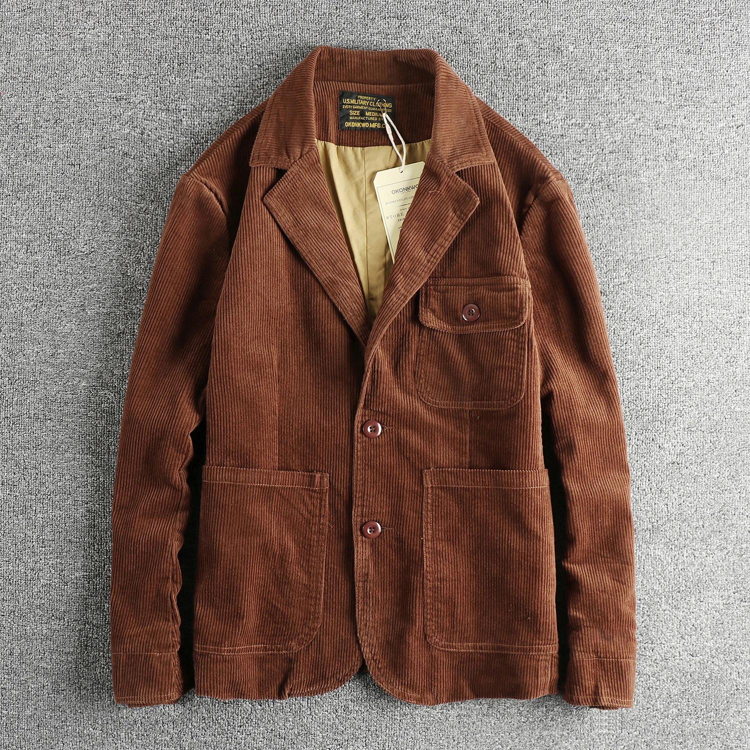 Rapingent-Costume décontracté en velours côtelé de coton lavé pour hommes, veste ample, mode vintage