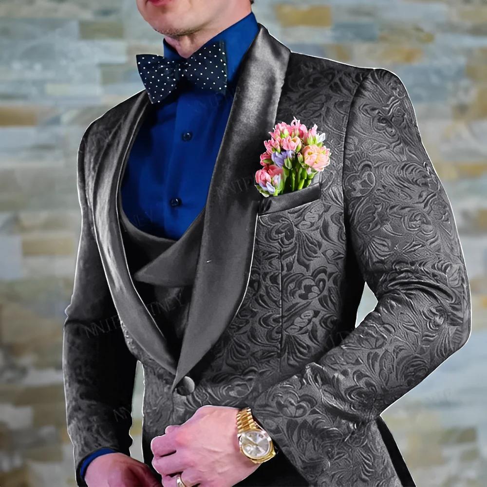 Costume bleu marine pour hommes, veste et pantalon en Jacquard, ensemble 3 pièces, smoking formel po