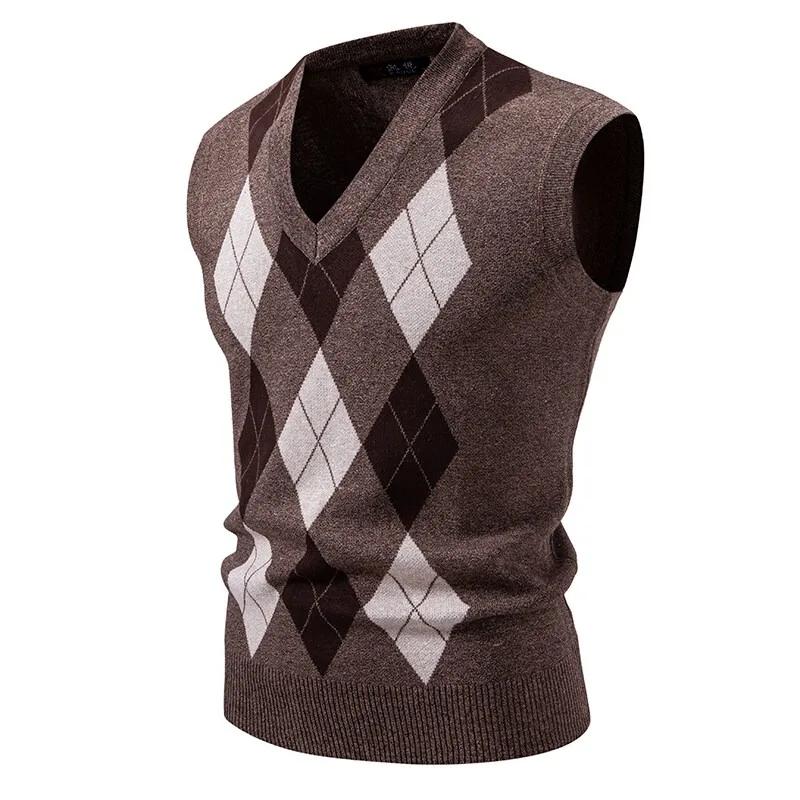 Nouveaux hommes Argyle tricots gilet col en V sans manches décontracté coupe ajustée pull tricoté pu