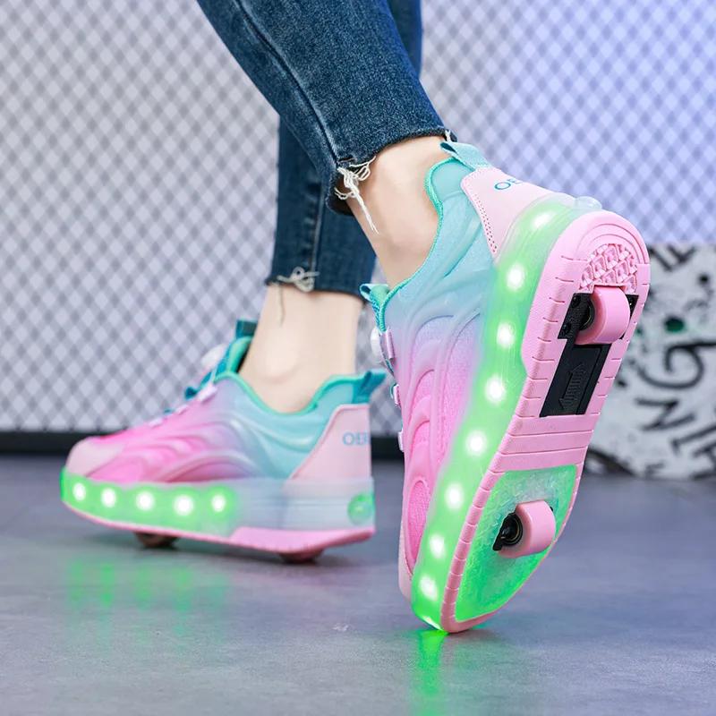 Chaussures de patin à roulettes à deux roues pour enfants, baskets lumineuses de sport lumineuses po
