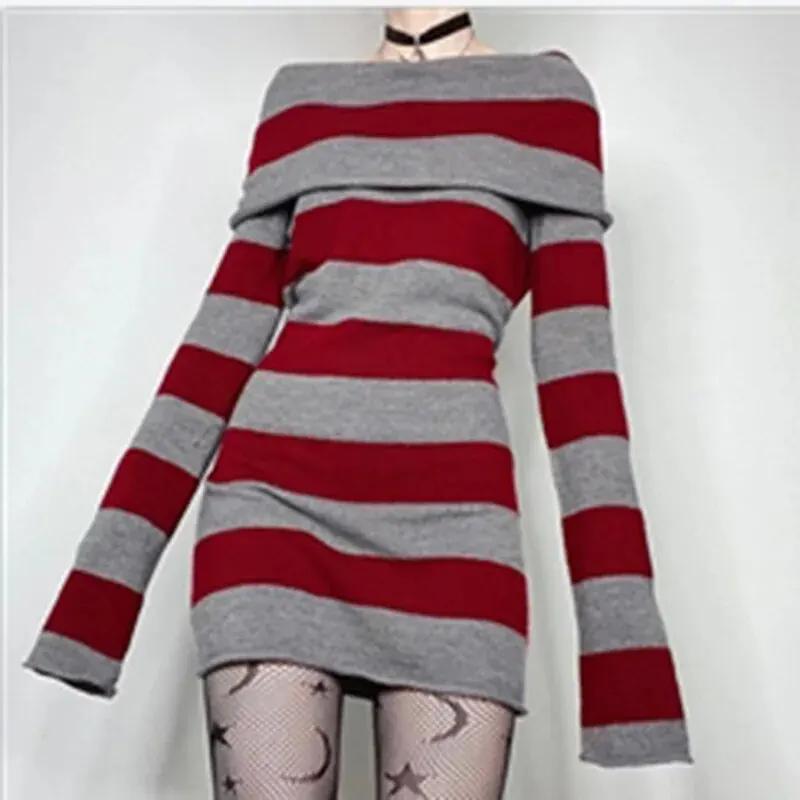 Mini robe moulante rayée pour femmes, col bateau, épaules dénudées, manches longues, courte, envelop