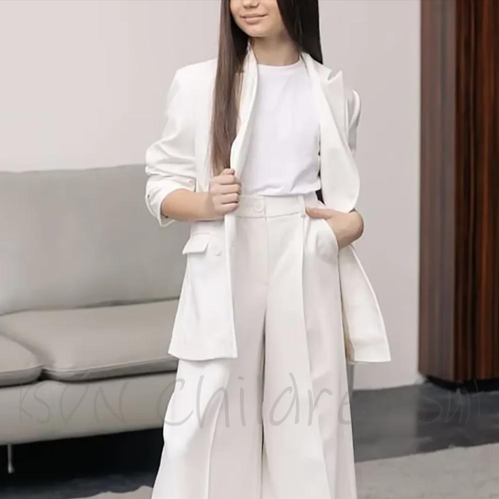 Costume blanc tendance pour fille, col classique à revers, coupe ample, vêtements pour enfants, cost