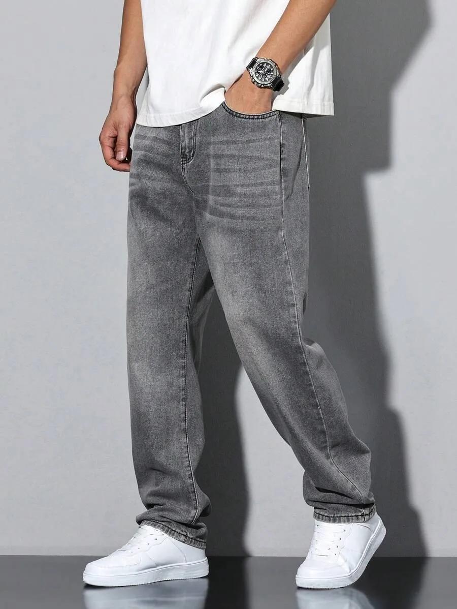 Jean gris slim droit pour hommes, design droit et simple, adapté à un usage quotidien en toutes sais