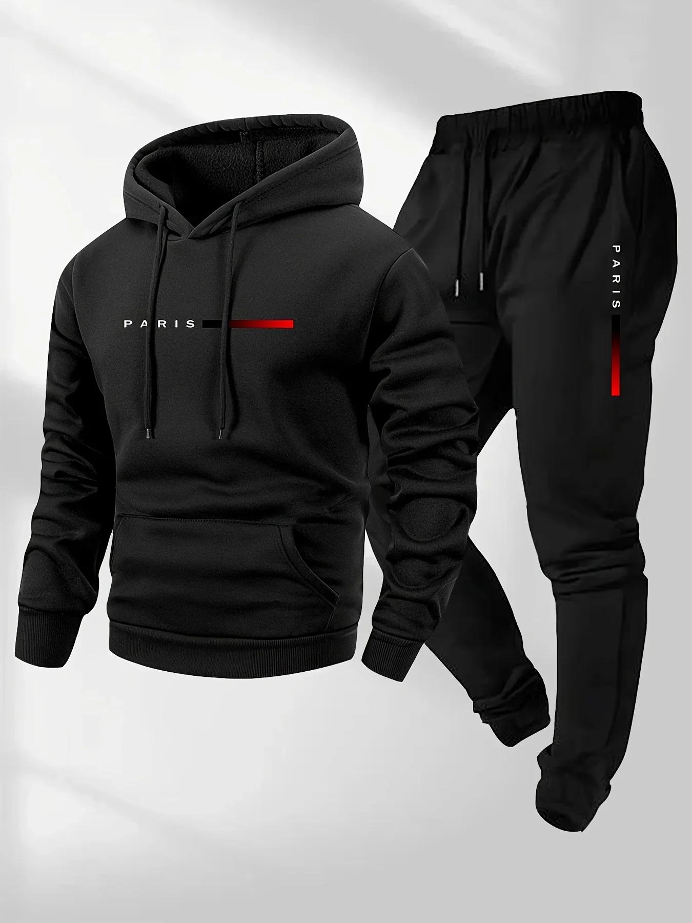Ensemble de vêtements de sport avec lettres imprimées pour hommes, sweat-shirt à capuche et pantalon