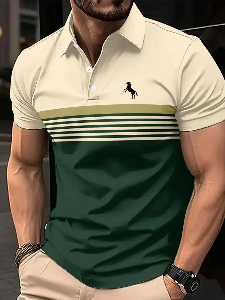 Polo décontracté à manches courtes pour hommes, avec imprimé cheval 3D, rayé, Design bloc de couleur