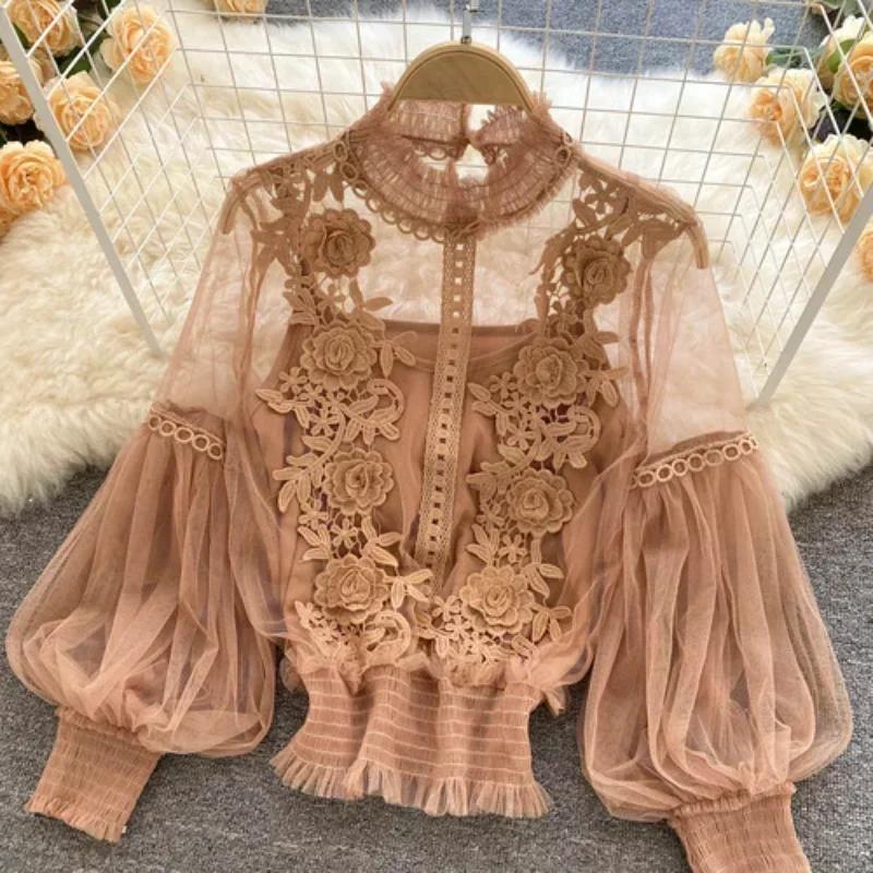 Dentelle bouffée à manches longues Blouse Vintage mode Blouses élégant Femme Blusas coréen Femme hau