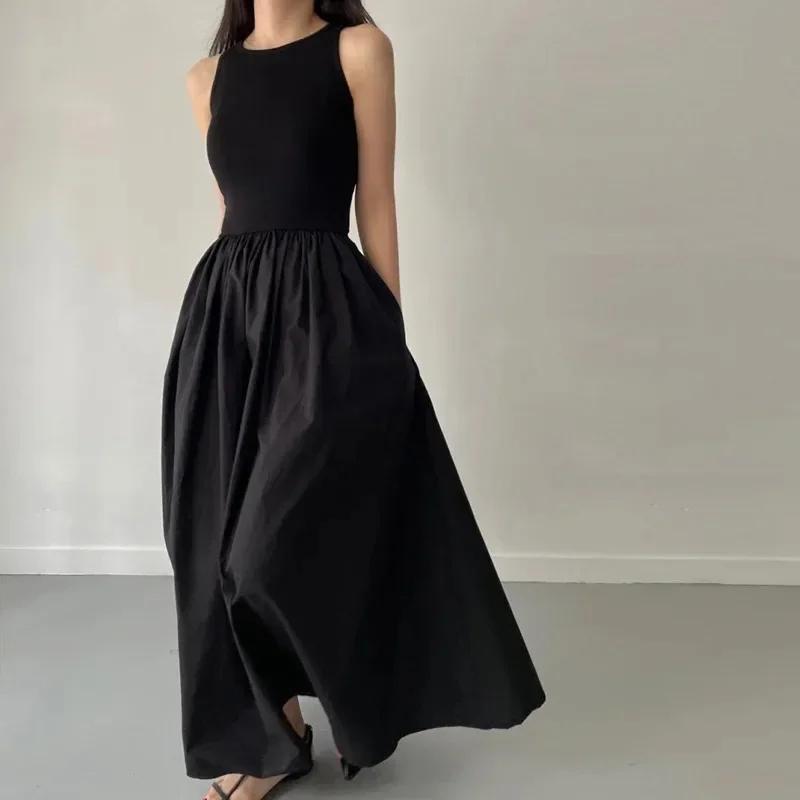 Robe longue noire Simple et élégante pour femmes, col rond, sans manches, taille haute, tempérament,