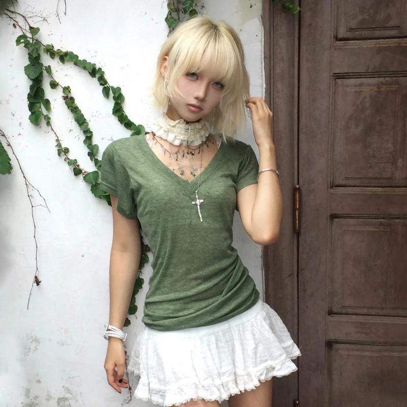 Karrram japonais Y2k vert tricoté T-shirt Trashy 2000s Style col en v haut Vintage Harajuku manches 