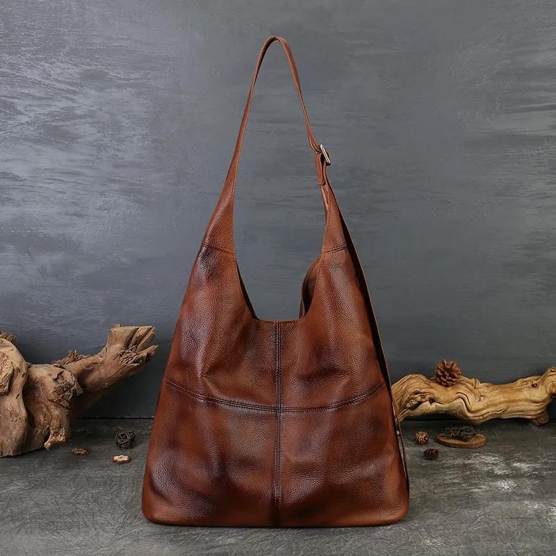 Sac fourre-tout Johnature 2026 en cuir véritable grande capacité, style vintage, en cuir de vachette