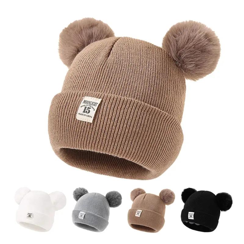 Automne hiver bébé chaud tricoté chapeaux avec Pom enfants tricot bonnet chapeau couleur unie enfant