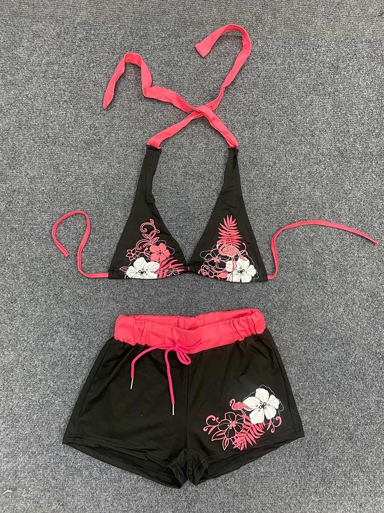 Été plage Ins mode chaude Sexy dames fendu deux pièces Bikini beau Vintage contraste fleur imprimé s