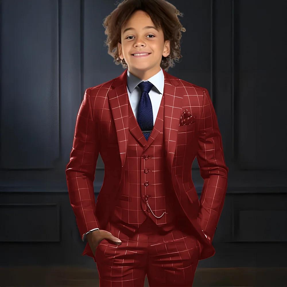 Ensemble de costume à carreaux pour garçons, 3 pièces : veste, pantalon, gilet, tenue de cérémonie, 