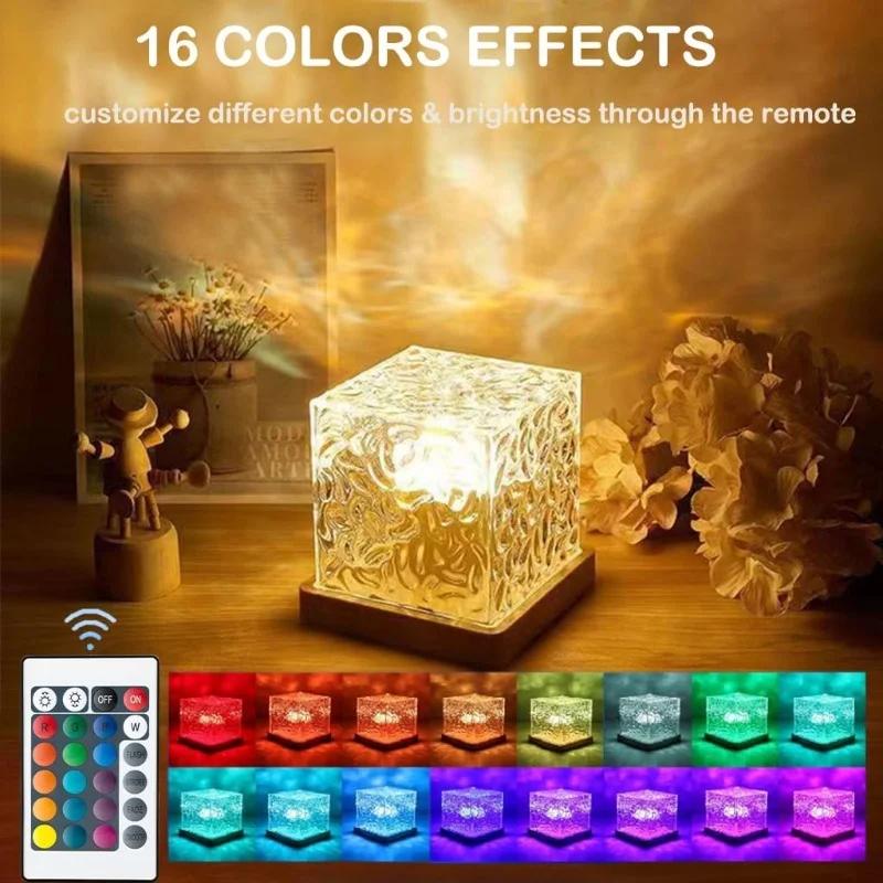 Projecteur d'ondulation d'eau rotatif dynamique, veilleuse 3/16 couleurs, lampe en cristal de flamme