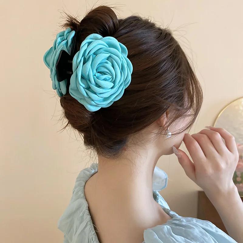 Pince à cheveux française romantique en forme de fleur de Rose pour femmes, grande pince à requin él