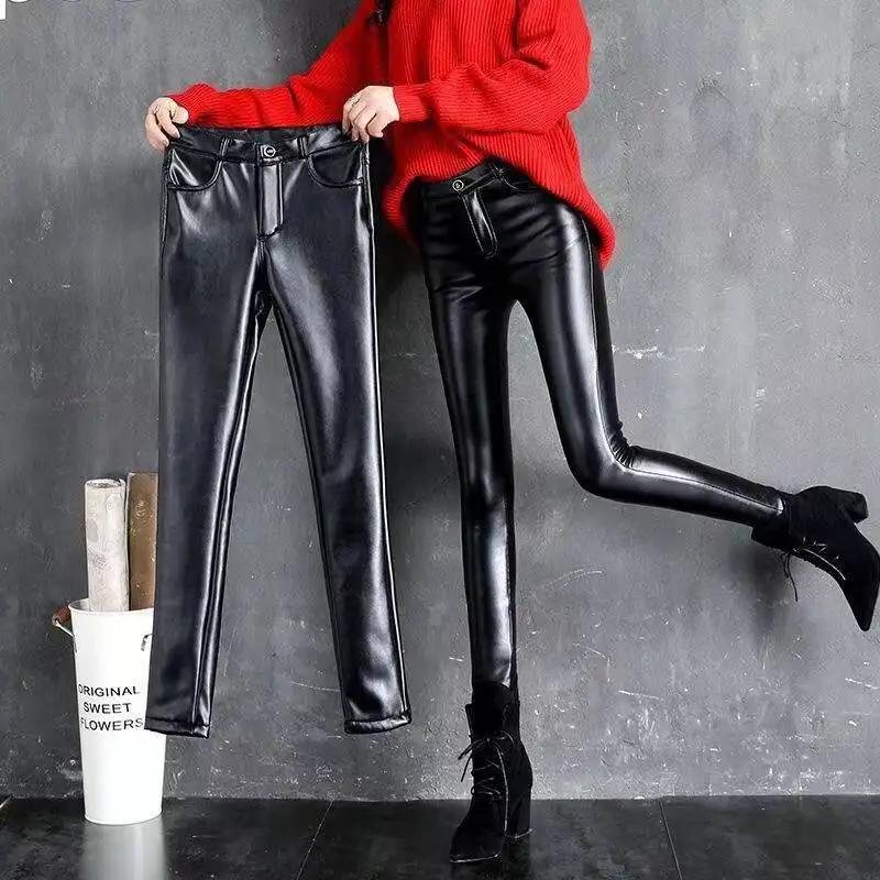 Pantalon en cuir PU en cachemire pour femme, épais et polaire, taille haute, Slim, serré, chaud, Leg