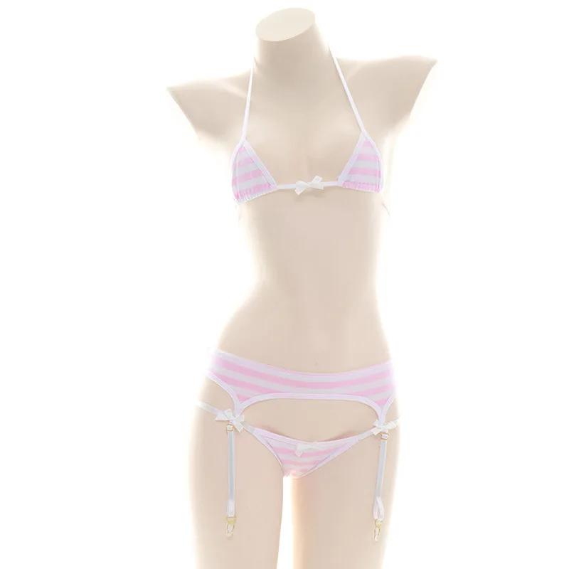 Soutien-gorge sexy Lolita pour femmes sous-vêtements Kawaii carnaval bleu rose blanc rayé mini bikin