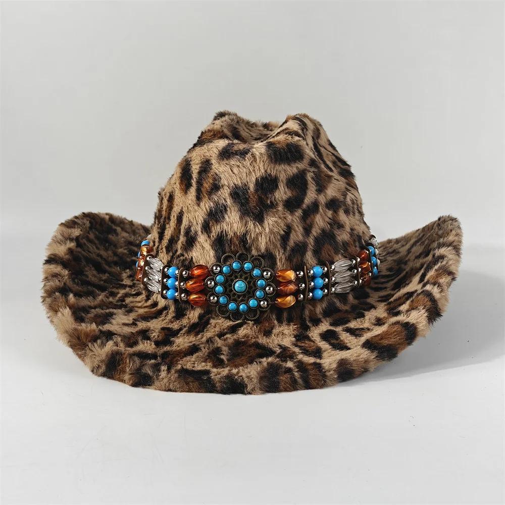 Chapeau de cowboy en fourrure de lapin imprimé léopard 7,5 cm Fedora de cowboy occidental pour homme
