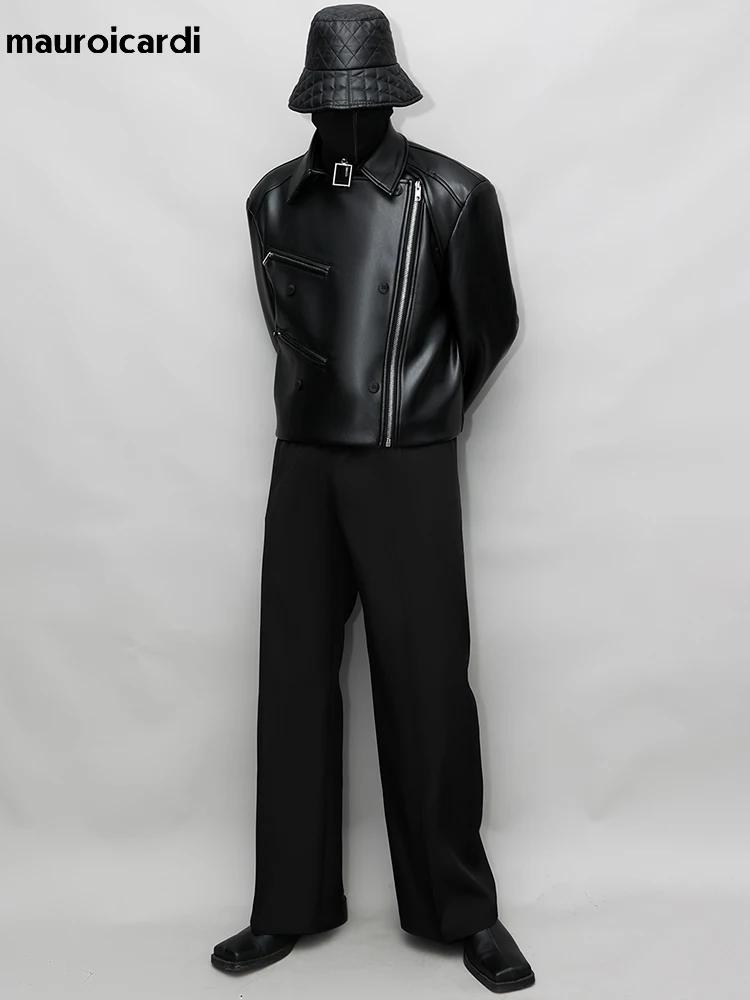 Mauroicardi-Veste en cuir PU pour homme, manches longues, col montant, vêtements de créateur de luxe