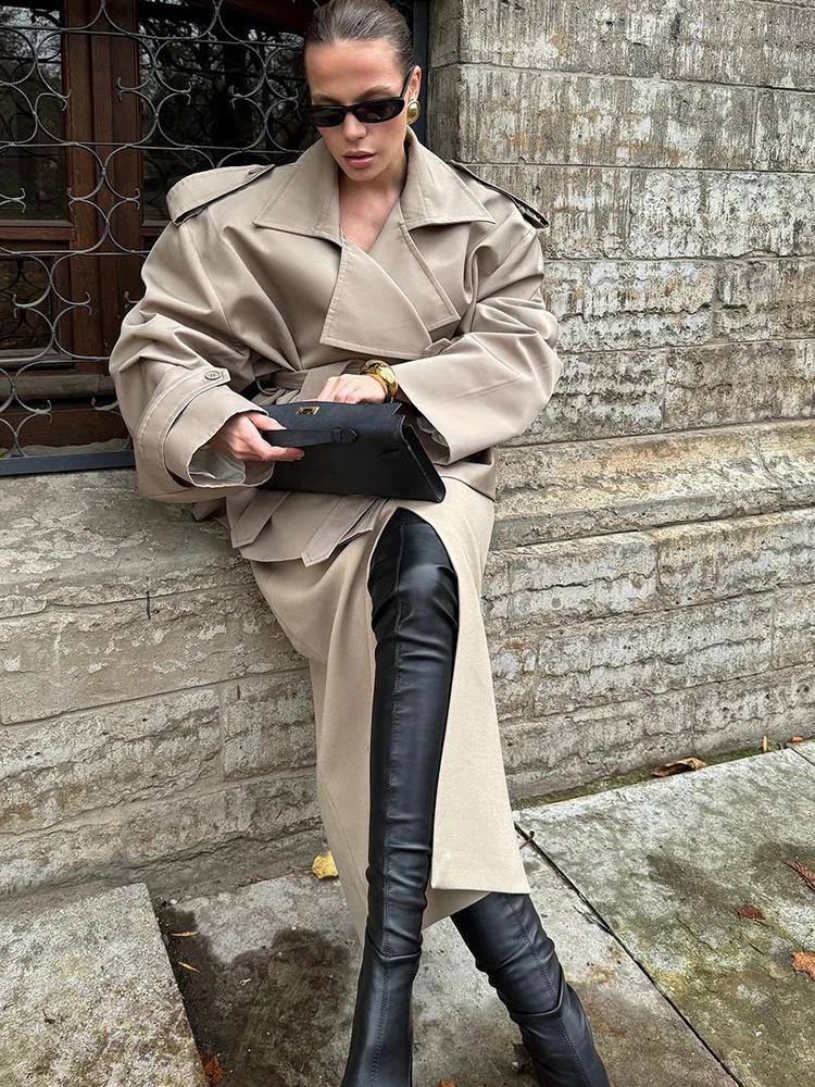 Coupe-vent court à lacets pour femmes, couleur unie, Vintage, revers, manches longues, ceinture, poc
