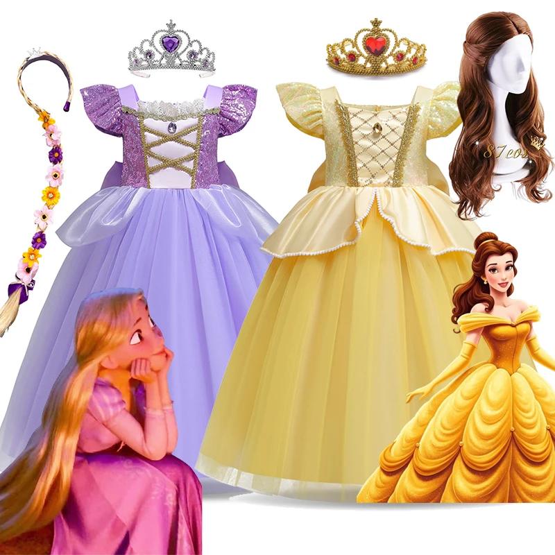 Robe Disney raiponce Belle pour enfants filles, déguisement de princesse de carnaval, tenue de fête 