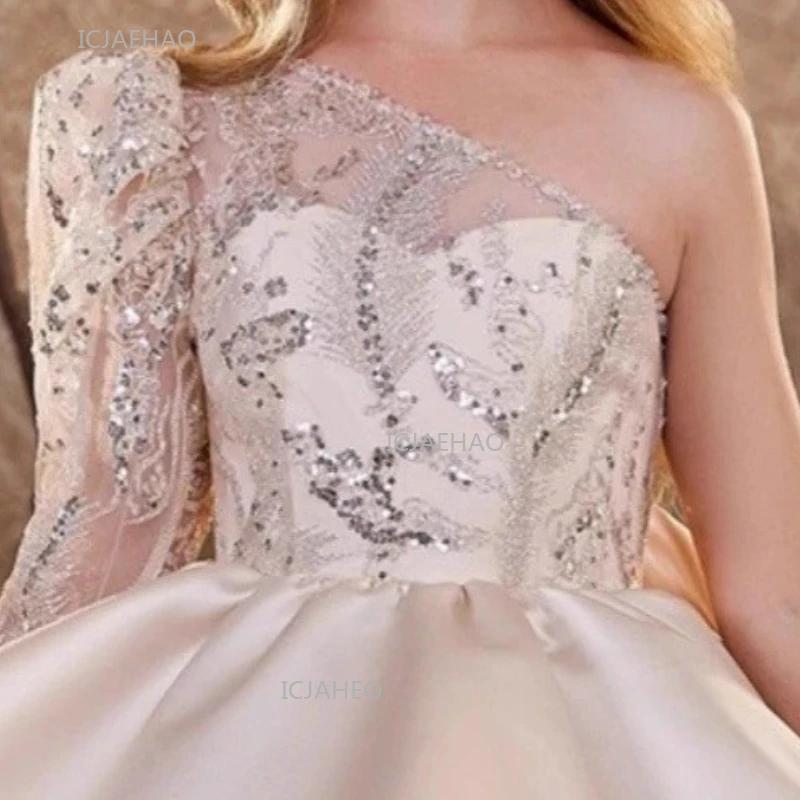 Robe de princesse à paillettes pour filles, asymétrique épaule dénudée, robe bouffante pour enfants,