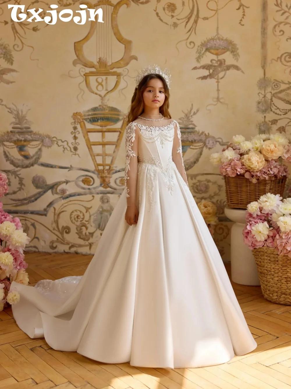 Robe de princesse en Satin blanc pour enfants, robe de bal avec perles brodées, en Tulle, à manches 