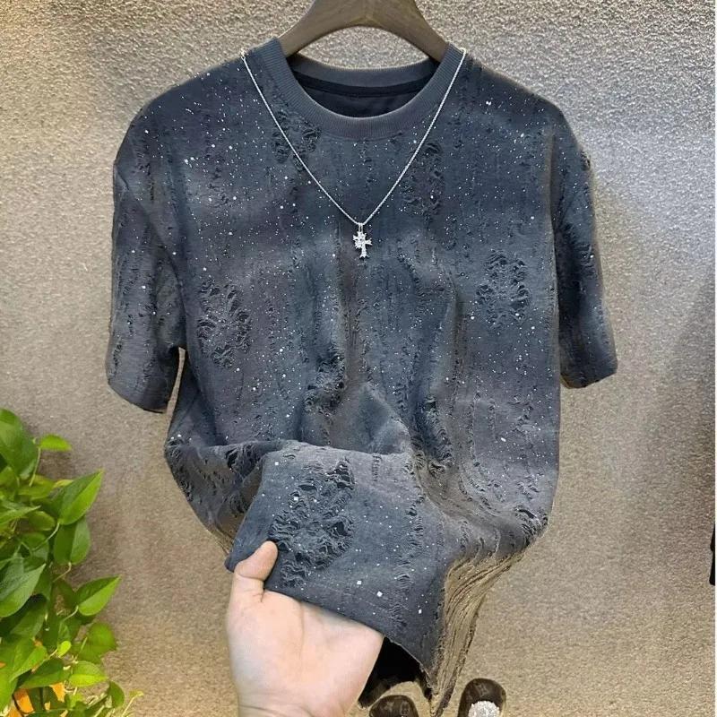 Été larme hommes vêtements été strass Rivet T-shirt col rond T-shirt style décontracté Version corée