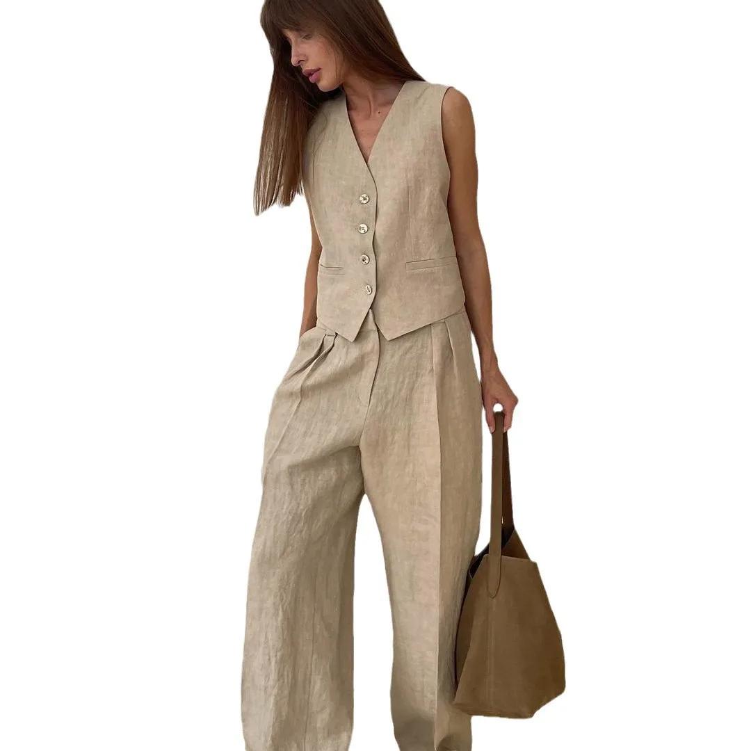 2025 nouvelles femmes lin coton Chic gilet et pantalon costume deux pièces ensemble bureau dames été
