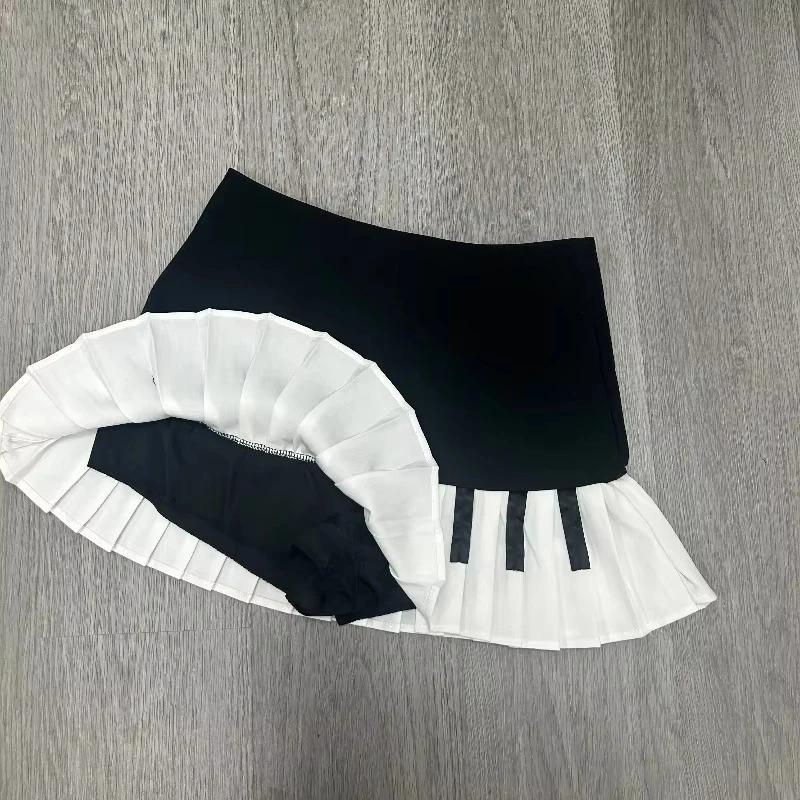 Jupe plissée vintage piano noir et blanc de style doux et épicé pour femmes, nouveau design de print