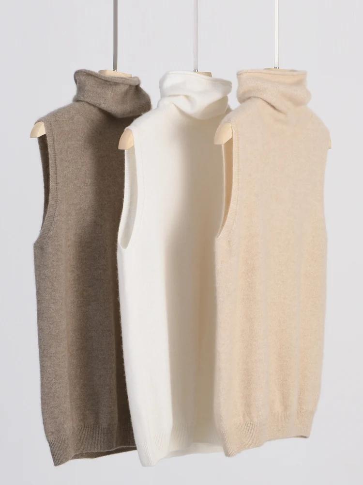 Femmes 100% laine mérinos pulls sans manches col roulé pull gilet laine tricots printemps automne hi