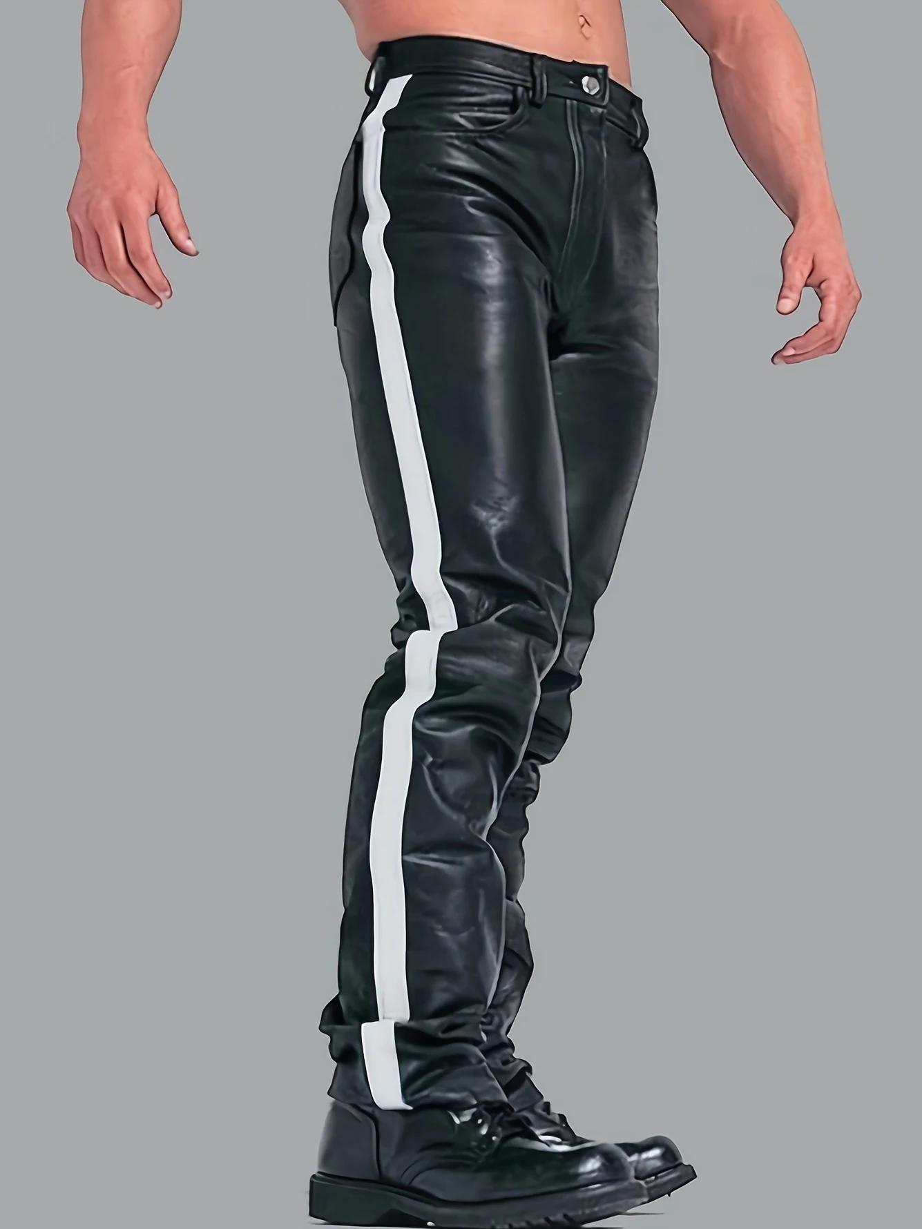 Pantalon de moto pour homme - Longueur intégrale - Cuir PU extensible avec patchwork bicolore - Coup