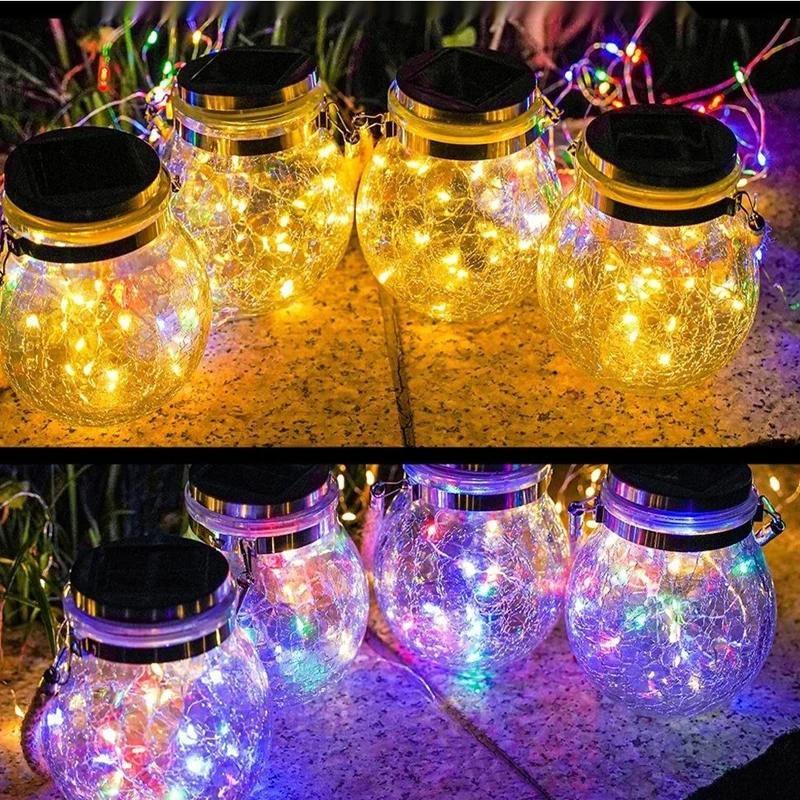 Lampe solaire en pot de verre fissuré, étanche IP65, 30led, blanc chaud et coloré, guirlande lumineu