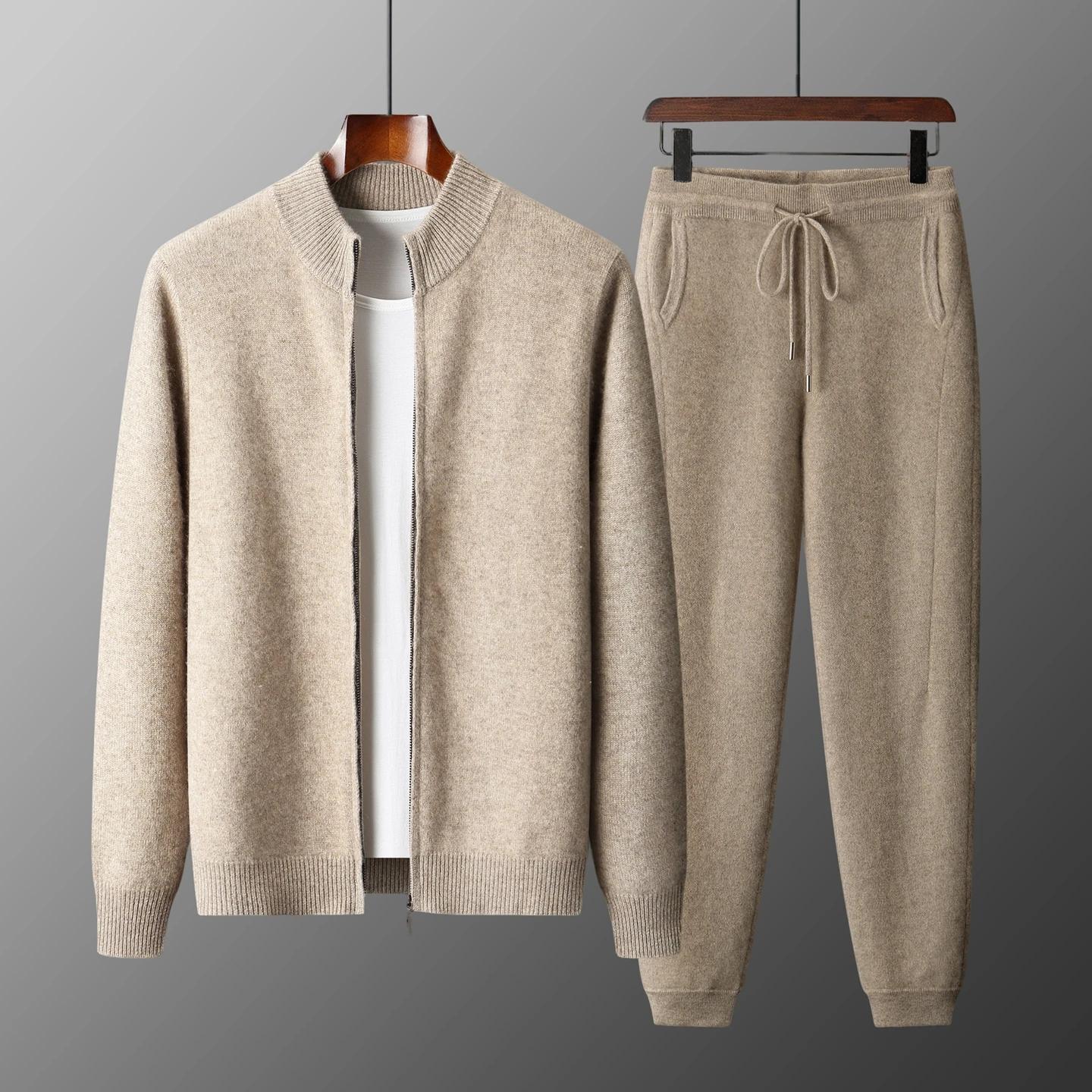 Cardigan pantalon en laine mérinos pour homme, pull en tricot, veste épaisse à fermeture éclair, pan