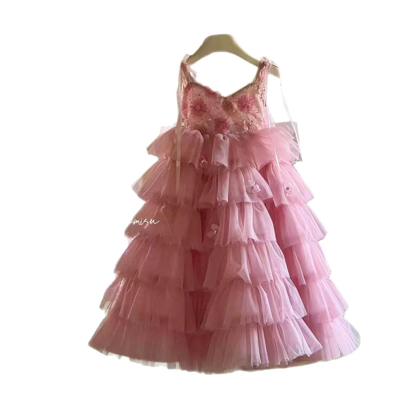 Robe de princesse d'été UNITIM pour filles, robe en gaze rose à fleurs brillantes pour enfants, robe