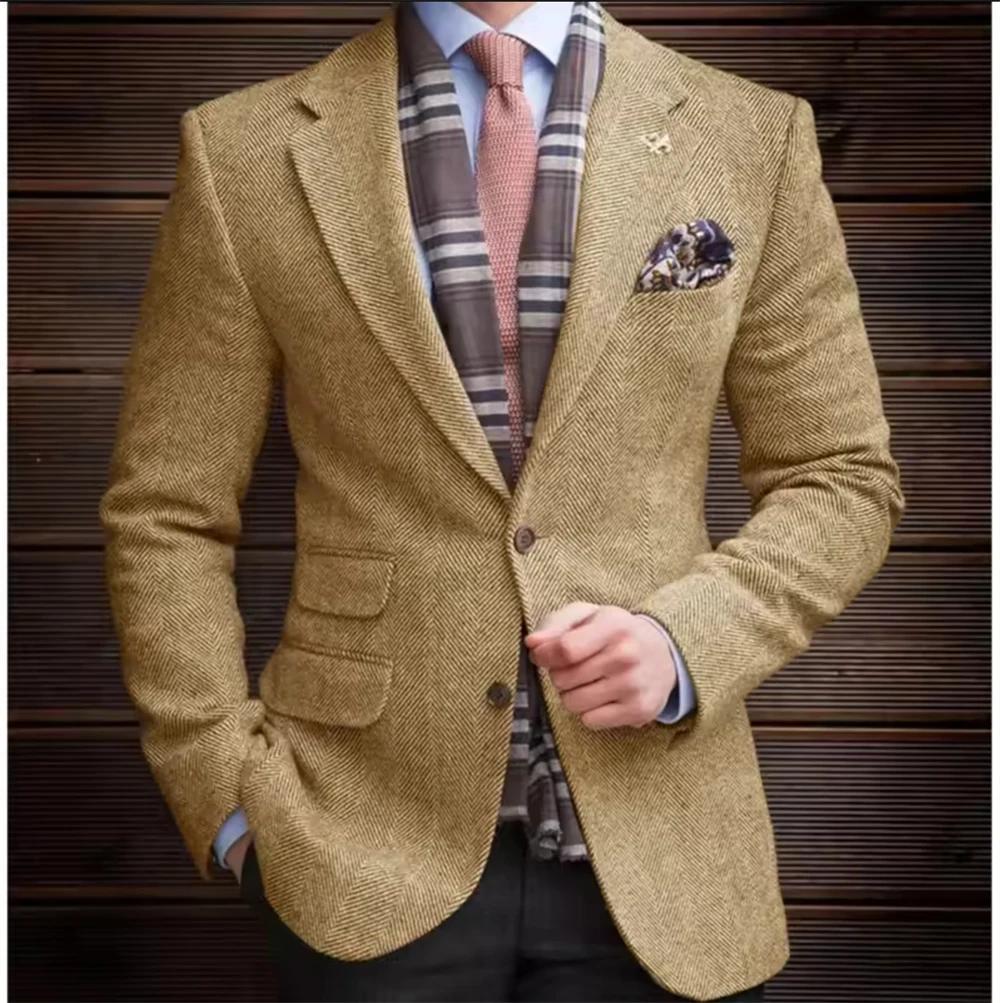 Blazer vintage sur mesure pour homme, veste en tweed à chevrons, mélange de laine, simple boutonnage