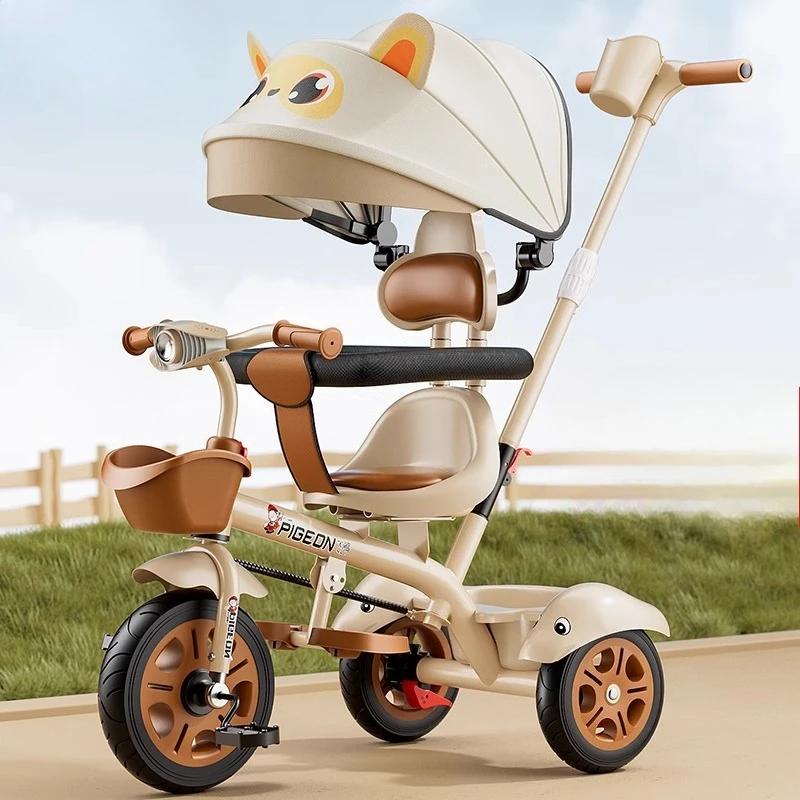 Tricycle pour enfants à trois roues, musique poussée à la main, poussette légère pour bébé, vélo pol