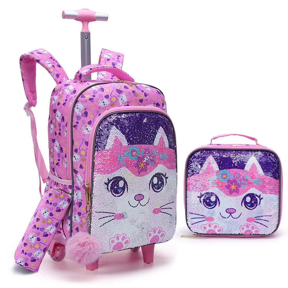 Ensemble de 3 sacs à dos roulants pour filles, sac à livres à roulettes à paillettes de chat de dess