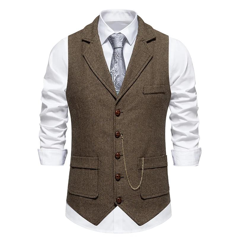 Gilet rétro à chaîne à revers pour hommes, mode chevrons, poches en Tweed grossier, gilet de costume