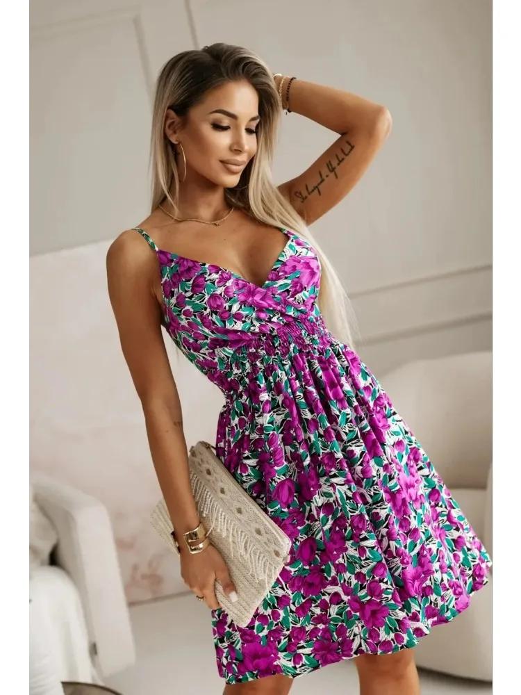 Robe d'été plissée ronde pour femmes, nouvelle mode, imprimé floral, sexy, bretelles spaghetti, robe
