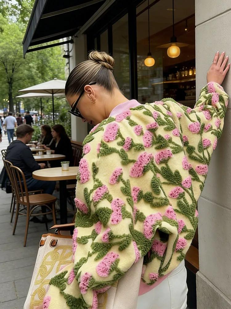 Blouson Bomber en Peluche Fleuri Chic et Décontracté pour Femme, Coupe Ample à Manches Longues, Ferm