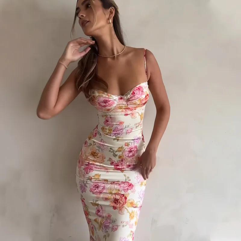 Robe à bretelles florales fendue, Slim, sans manches, Style plage, bretelles Spaghetti, vêtements po