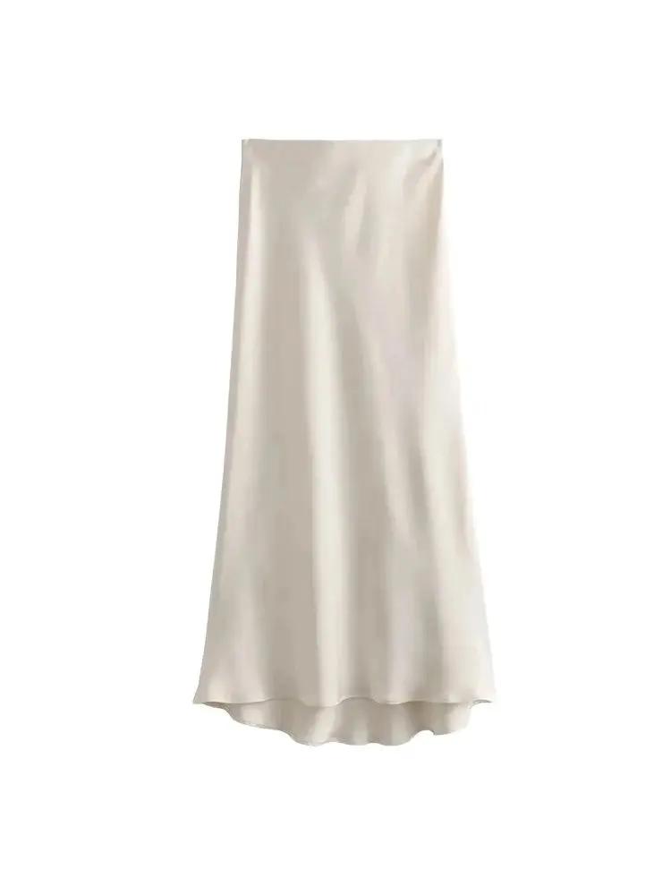 Jupe mi-longue semblable à de soie pour femmes, doux au toucher, taille haute, ceinture élastique, C