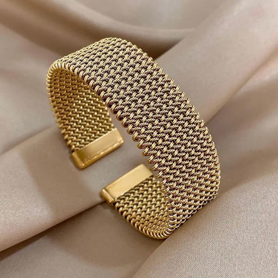 Bracelets manchette doré tissés Vintage pour femmes, élégants, tendance, en acier inoxydable, épais,