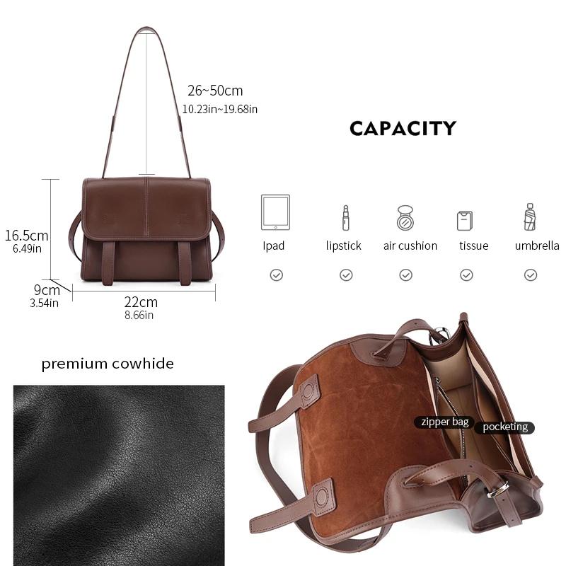 Sac à bandoulière en cuir véritable pour femmes, couleur unie, sac à bandoulière multi-poches, sac m