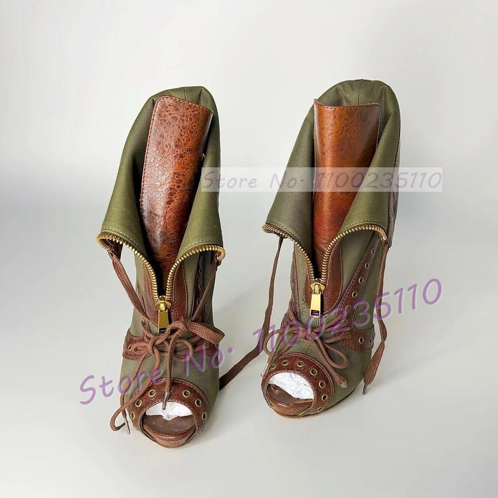 Sandales vert armée en jean patchwork pour femme, sexy, à bout ouvert, avec fermeture éclair décorat