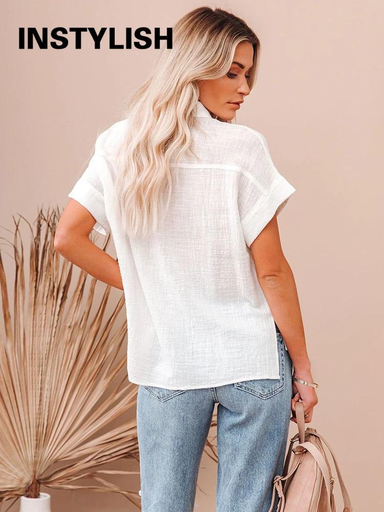 Chemisier ample en coton et lin pour femmes, décontracté, couleur unie, manches courtes, Vintage, Ha