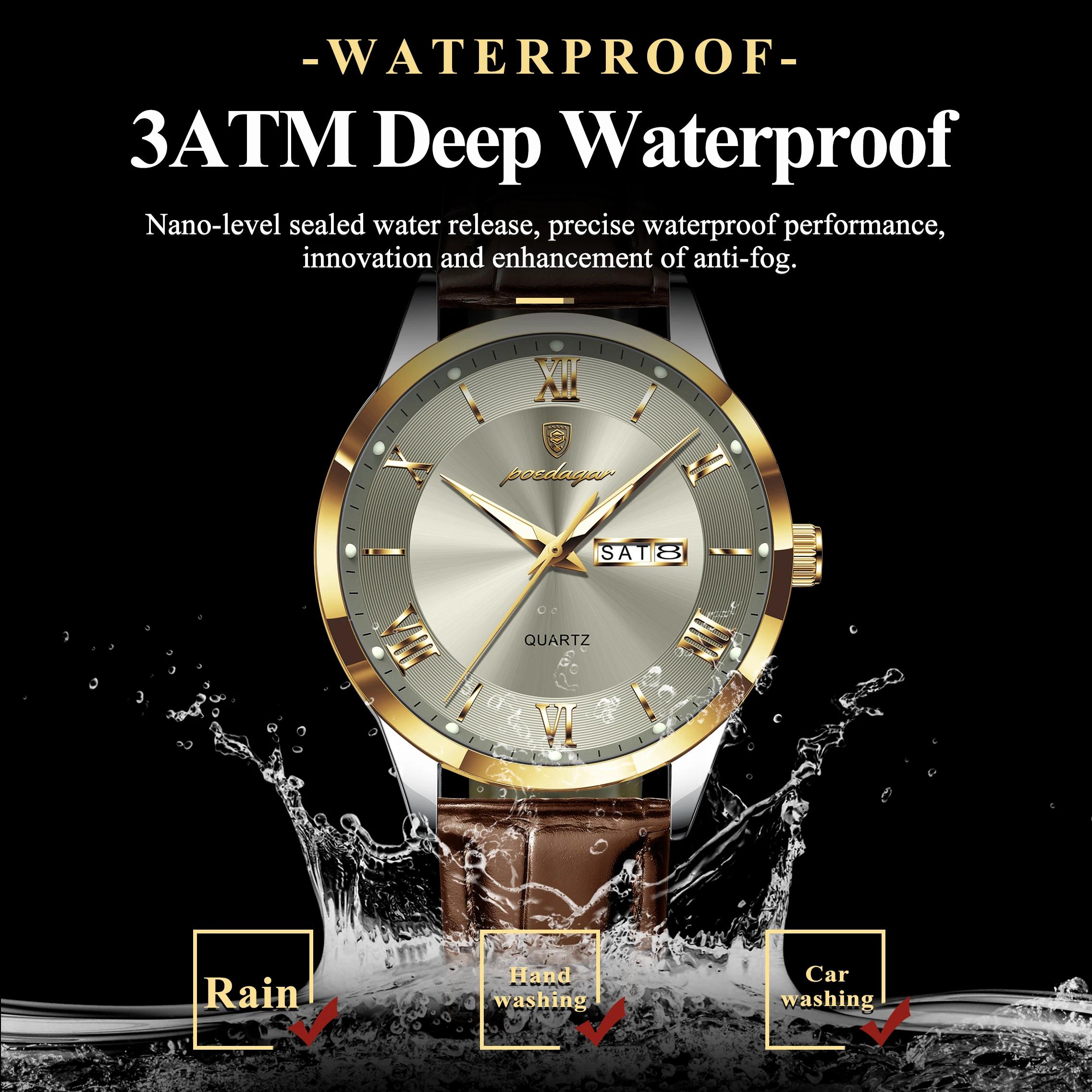 POEDAGAR Original montre de mode pour homme en cuir Date semaine Quartz hommes montre étanche lumine