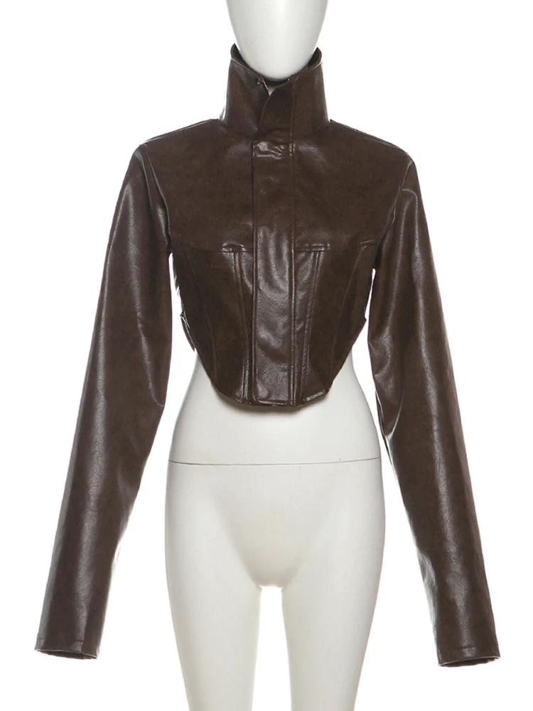 Nibber Hottie Crop Veste Femmes Col Roulé Pu Irrégulière Zip Bouton À Manches Complètes Sauvage Sexy
