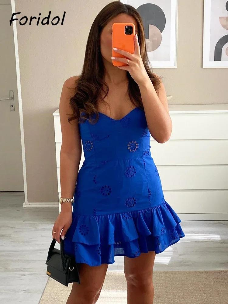 Foridol-Mini robe d'été en coton et dentelle pour femme, tenue de plage sexy, couleur unie, fermetur